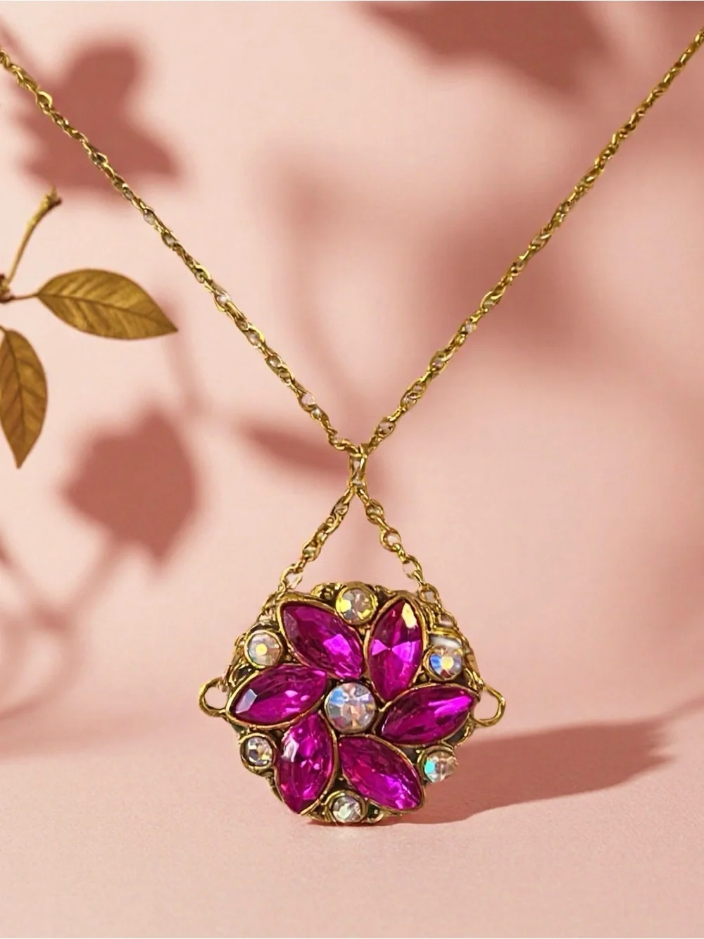 Gold-Tone Fuchsia Crystal Flower Pendant Necklace and Earring Set